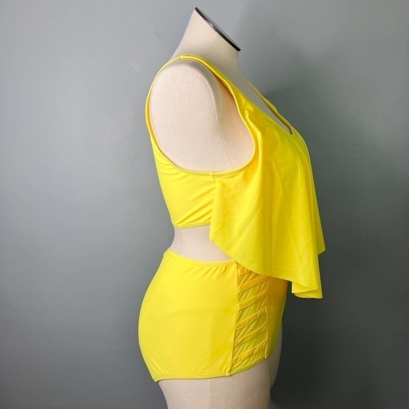 Lemon Yellow Two Piece Bikini Flounce Top High Rise Ladder Side Bottoms Size XL - Picture 5 of 12